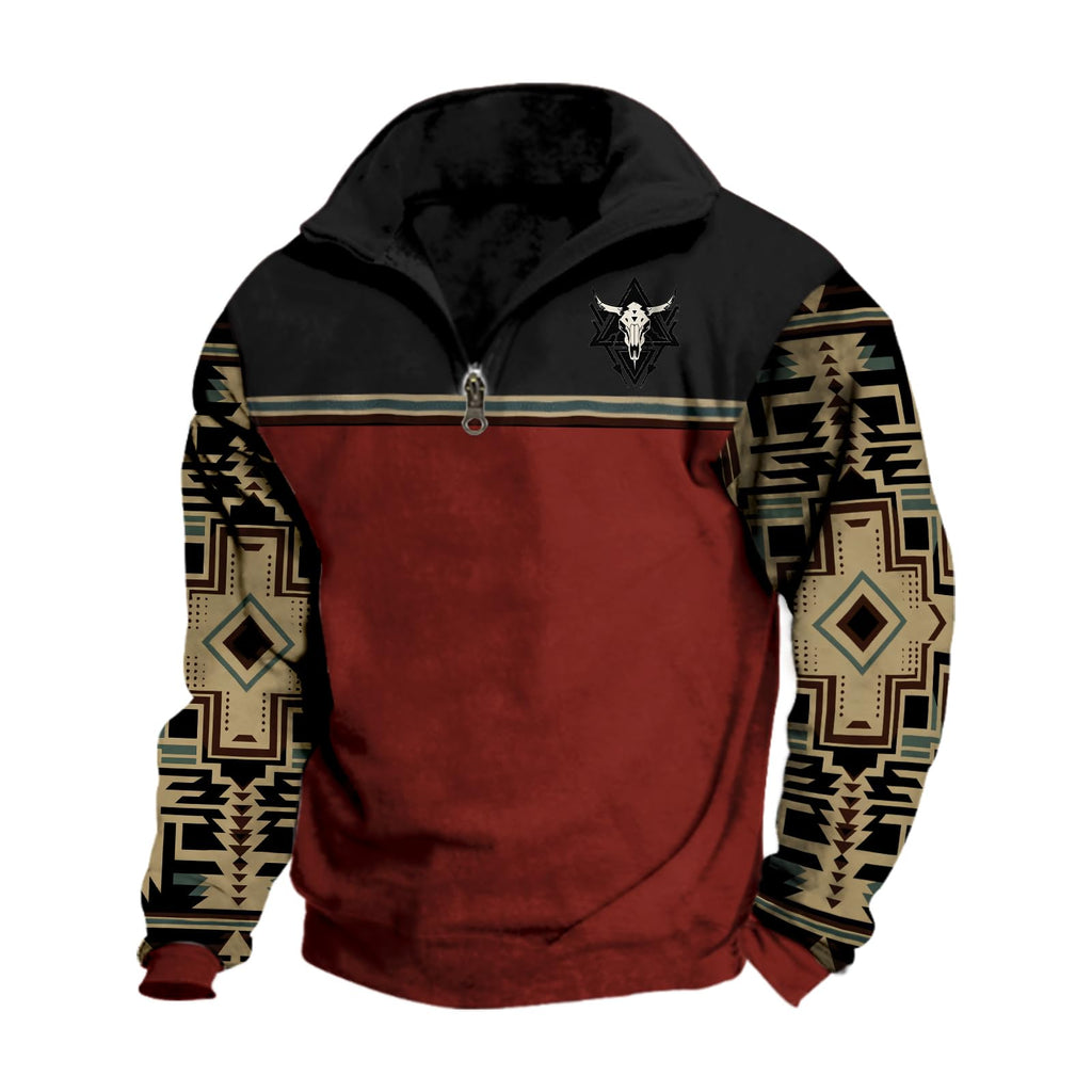 Bengbobar Mens Western Aztec Sweatshirts Aztec Cowboy Hoodie Vintage Graphic Western Hoodies for Men Casual Long Sleeve Sweatshirts Half Zip Pullover with PocketCowboy Red S