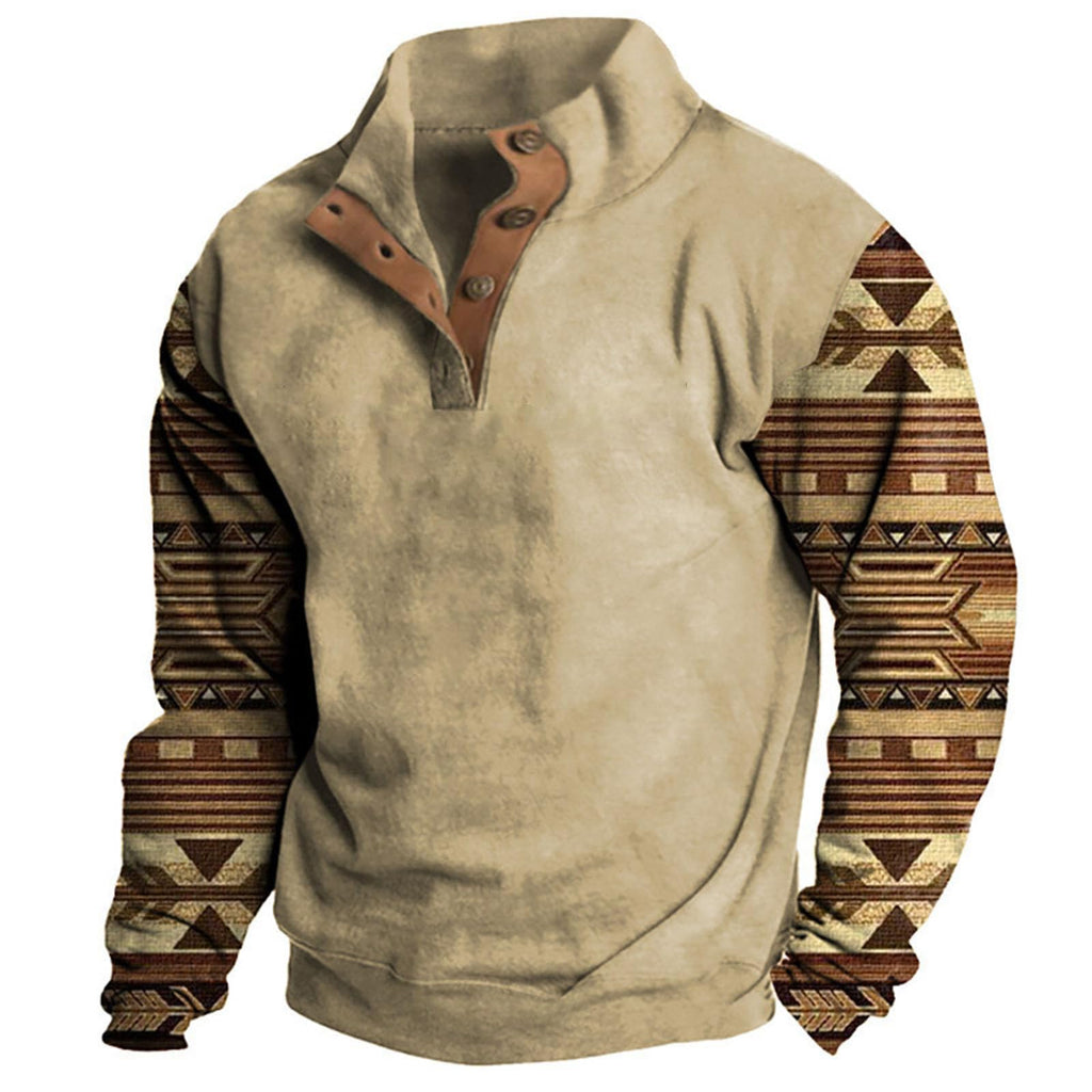 Cowboy Sweatshirt Mens Western Aztec Sweatshirts for Men Vintage Ethnic Style Half Button Up Stand Collar Pullover Loose Fit Long Sleeve Tops