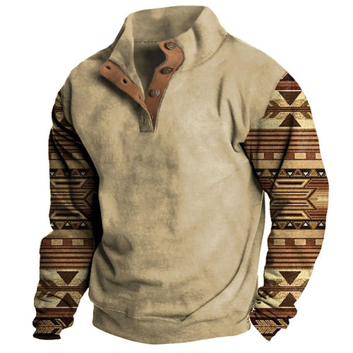 Cowboy Sweatshirt Mens Western Aztec Sweatshirts for Men Vintage Ethnic Style Half Button Up Stand Collar Pullover Loose Fit Long Sleeve Tops