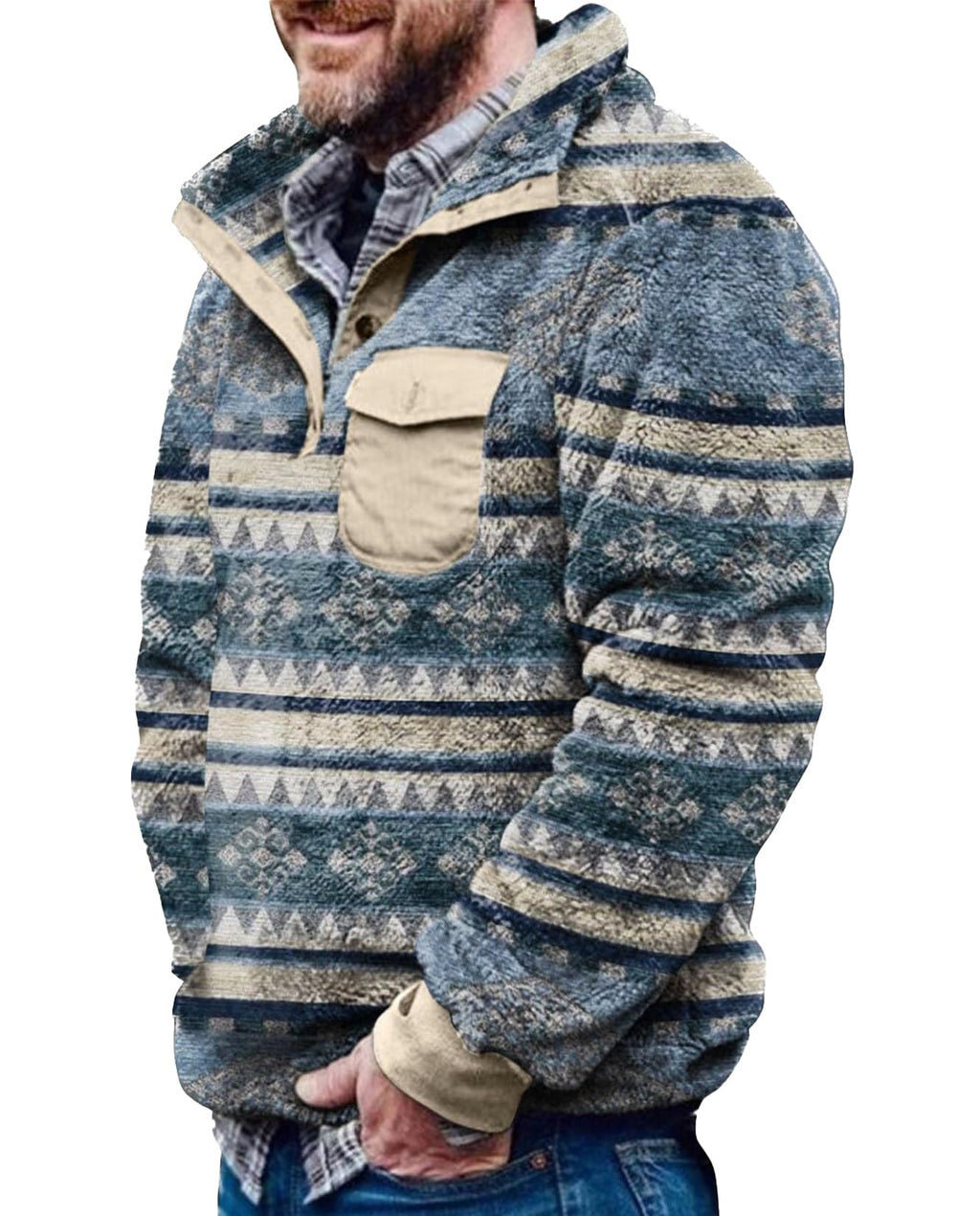 LOAIHA Mens Aztec Print Fleece Jackets Fuzzy Sherpa Pullover Retro Western Sweatshirts Winter Button Up Warm Sweaters with Pockets