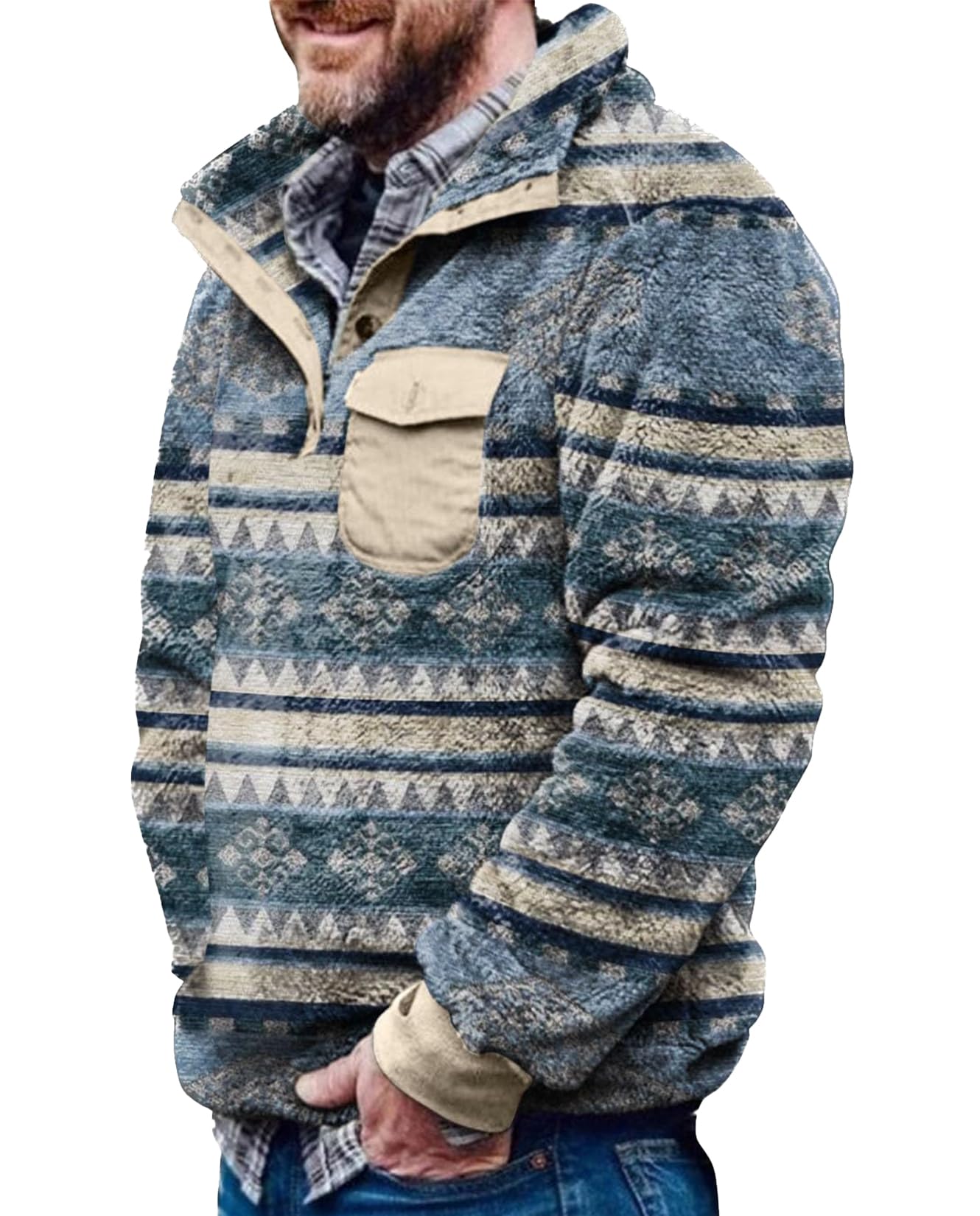 LOAIHA Mens Aztec Print Fleece Jackets Fuzzy Sherpa Pullover Retro Western Sweatshirts Winter Button Up Warm Sweaters with Pockets