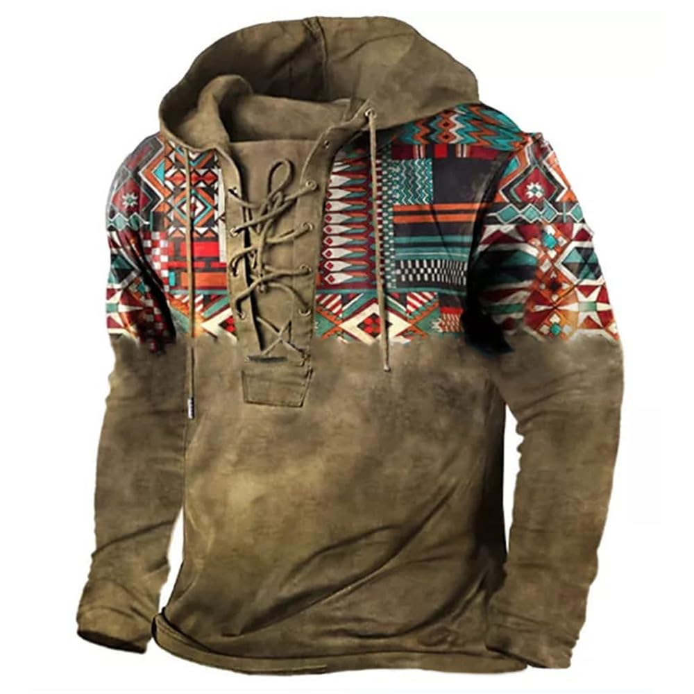 MARSVOVO Mens Western Aztec Sweatshirt Cowboy Sweatshirts Aztec Cowboy Hoodie Vintage Mens Outdoor Military Tactical Hoodie Retro LaceUp Pullover for Men Aztec Khaki 4XL